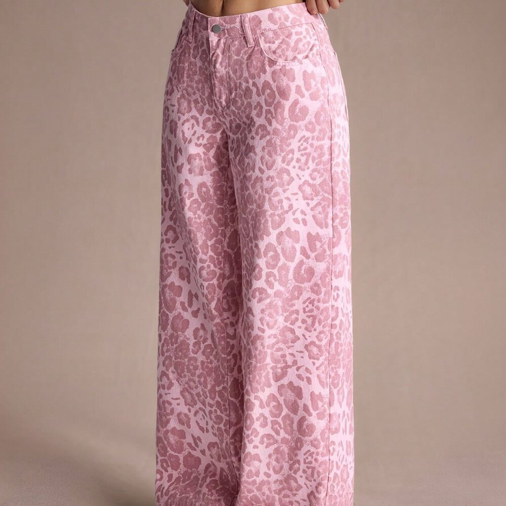 Pink Casual Women's Leopard Print Pocketed Loose Fit Wide Leg Jeans - Picture 6 of 6